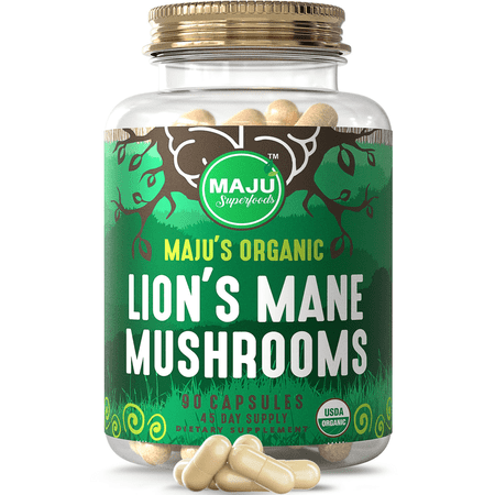 MAJU's Organic Lion's Mane Capsules, 90 Count, Fruiting Bodies, Steam Extracted, Hercicium Erinacious Mushrooms