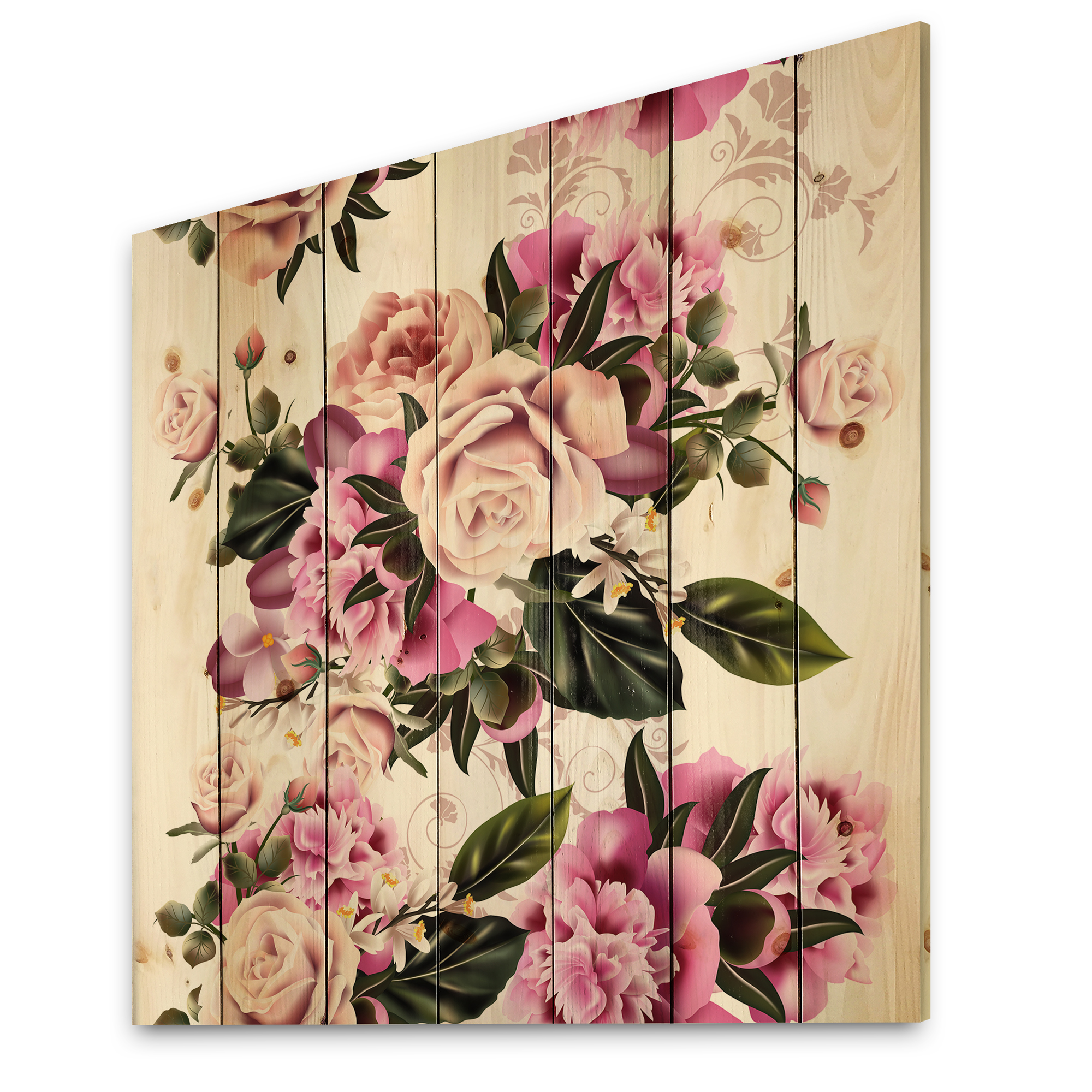 Designart 'Peony Vintage Flowers' Traditional Print on Natural Pine Wood