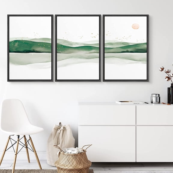 PixonSign Canvas Print Wall Art Set Abstract Green Rolling Hills Geometric Wilderness Illustrations Modern Art Rustic Landscape Pastel for Living Room, Bedroom, Office - 16"x24"x3 Black