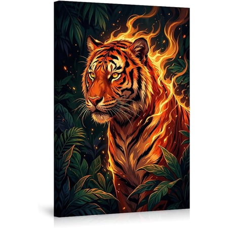Fire Tiger Canvas Wall Art Majestic Flaming Wild Animal Posters Jungle Leaves Prints for Living Room Bedroom Home Decor Modern Wildlife Artistic Wall Pictures