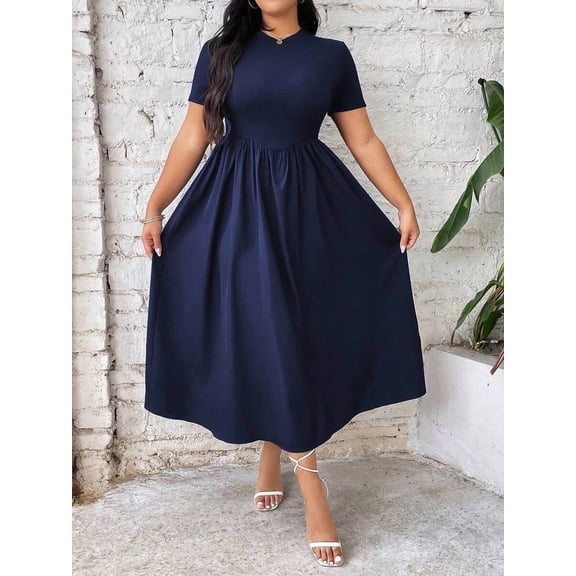 Navy Blue Plus Size Women Solid Round Neck Short Sleeve A-Line Maxi Casual Dress