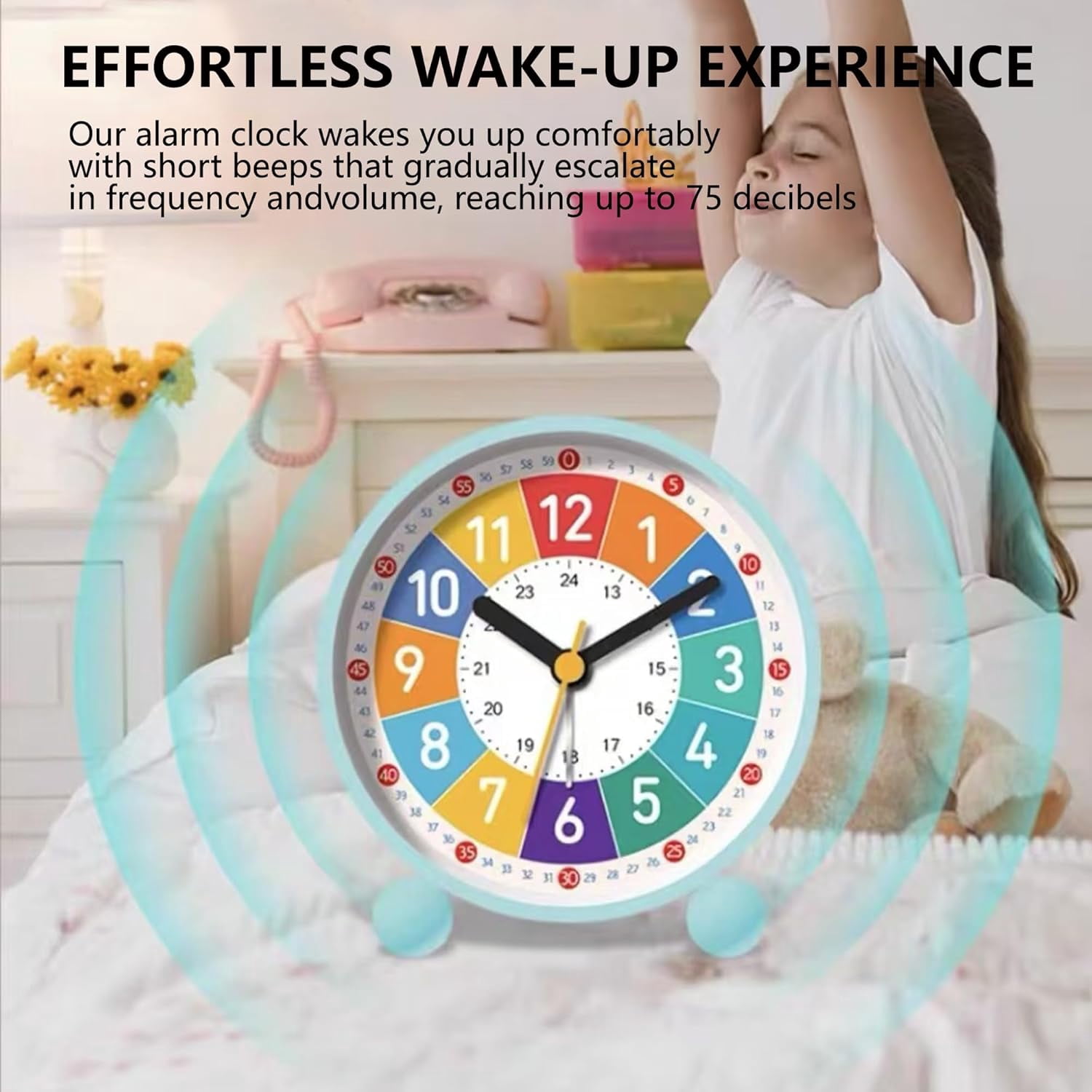 Analog Alarm Clock for Kids: Telling Time Teaching Clock for Kids, Learning Clock with Colorful Dial, Clock to Teach Kids How to Tell Time, Battery Operated Kids Alarm Clock with Back-Light (Blue)