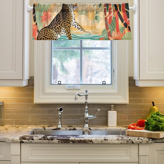 Leopard Cheetah Trees Lake Curtain Valances Farmhouse Design Window Treatment Decor Blackout Rod Pocket for Windows Living Room Kitchen 54" x 18"