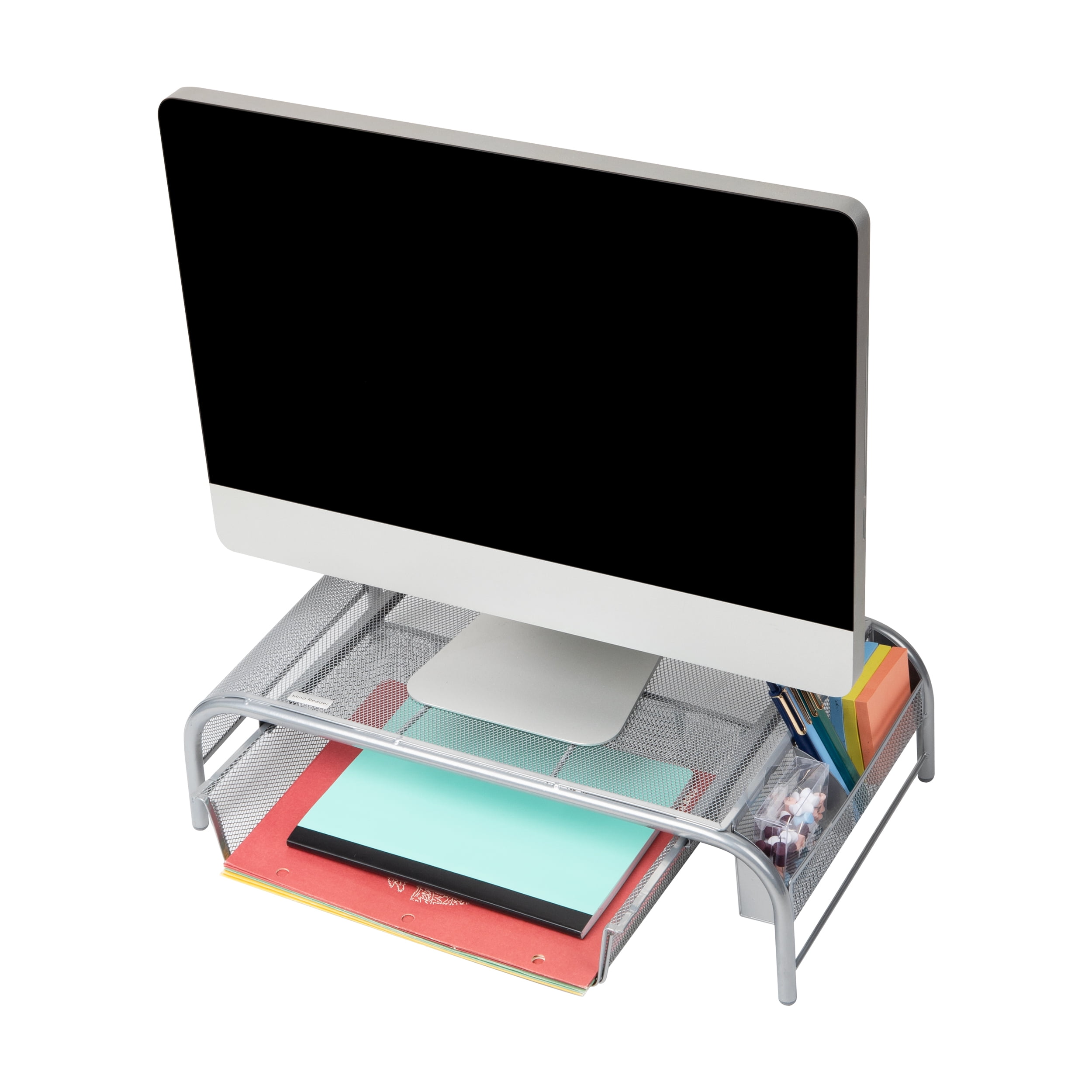 Mind Reader Monitor Stand, Ventilated Laptop Riser, Paper Tray, Storage, Office, Metal, Silver