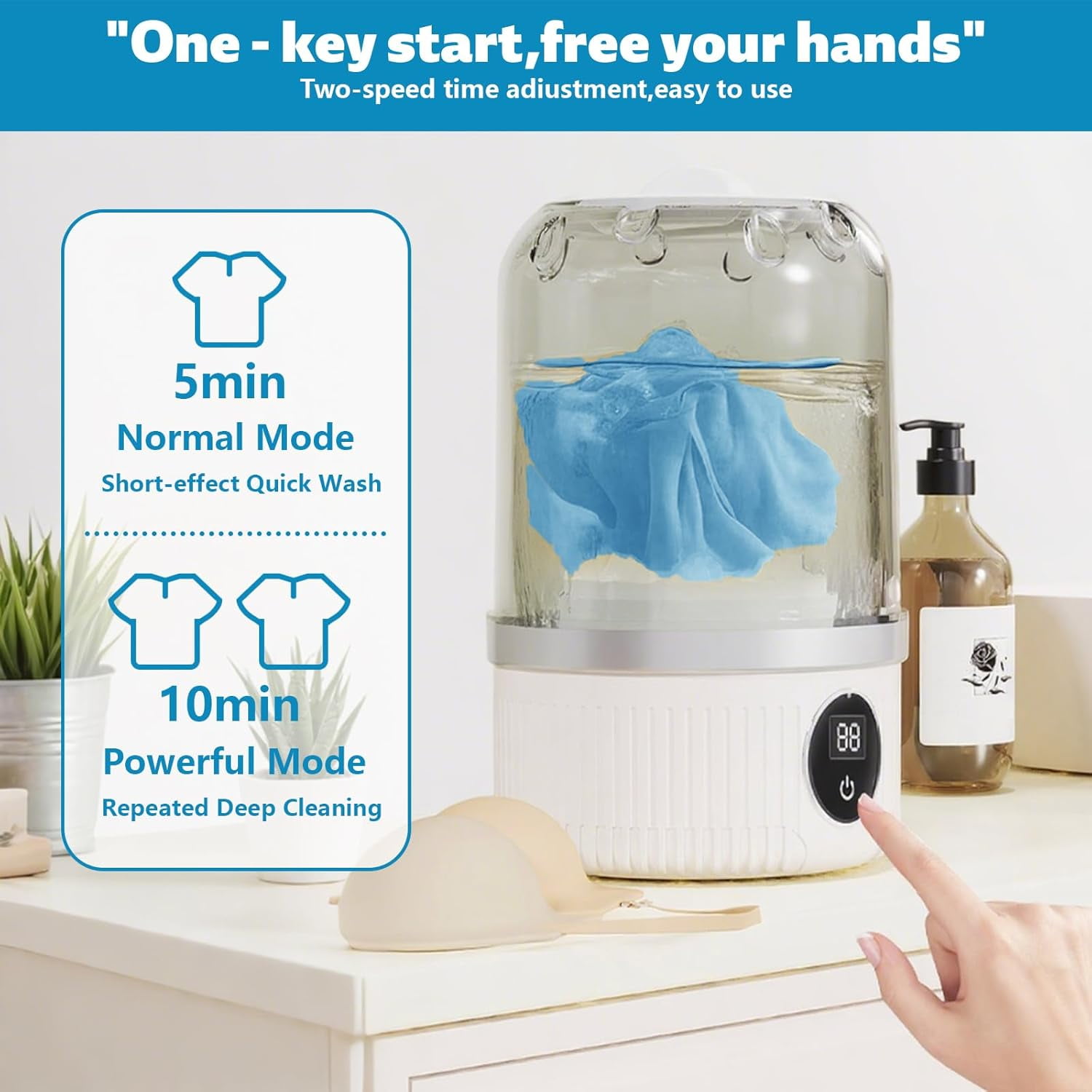 Smart laundry cup, portable ultrasonic mini washing machine - a rechargeable travel underwear laundry solution with a compact design suitable for dorms, RVs, and camping. It washes small items such a