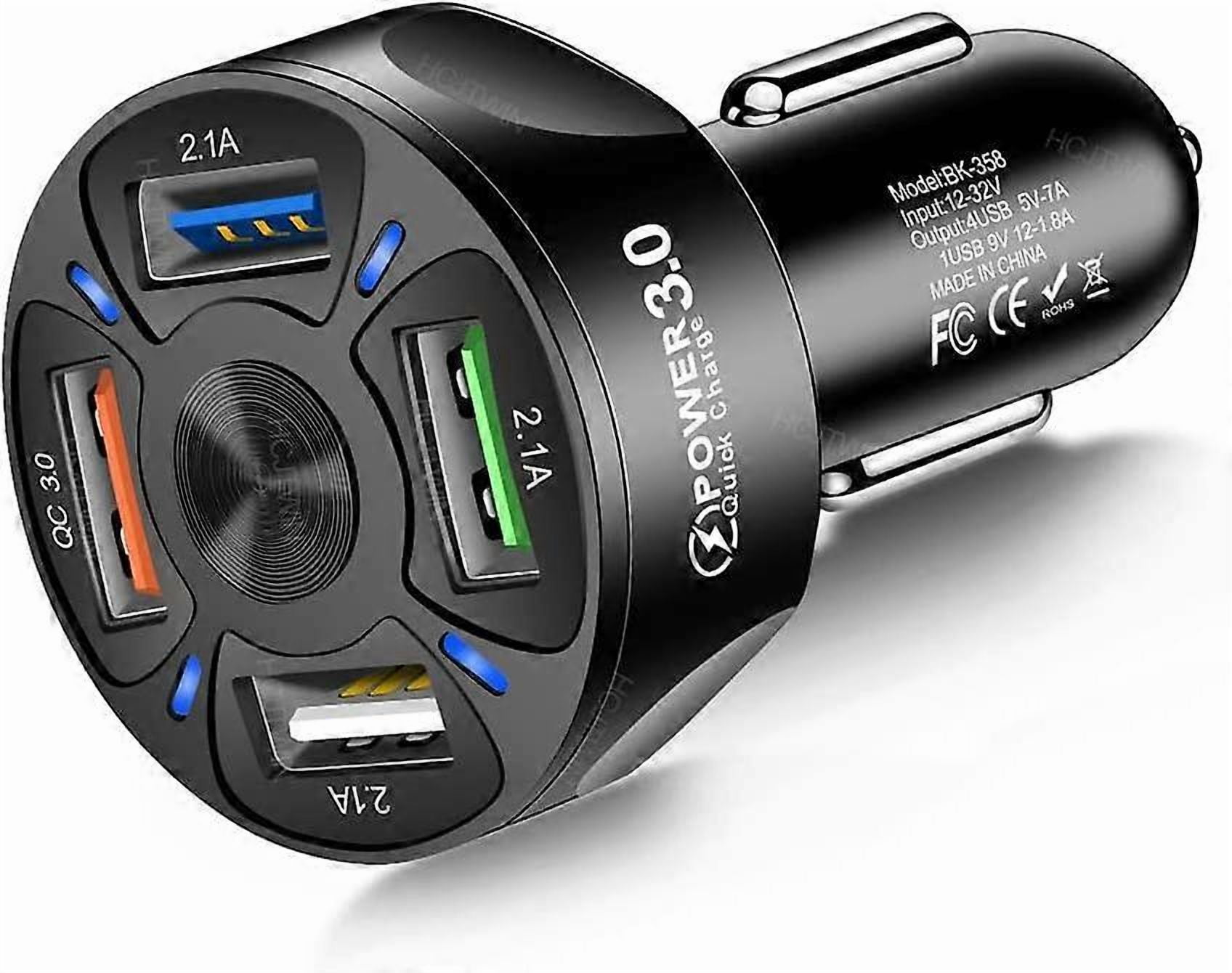 USB Car Charger, 4 in 1 Car Charger Adapter 7A 35W USB Fast Charging Device with LED Light compatible 12-32V Car SUV Off-Road Vehicle_Perfect Gift