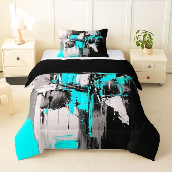 Homewish Blue Abstract Twin Comforter Sets,Contemporary Art Bedding Set,Black Reversible,2-Piece,1 Comforter and 1 Pillowcase