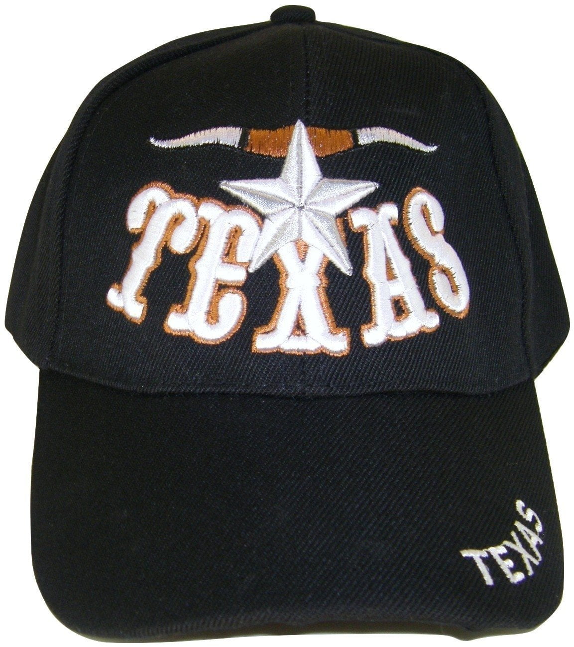 Texas Longhorn & Silver Star Adjustable Baseball Cap (Black)