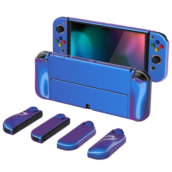PlayVital AlterGrips Glossy Protective Slim Case for Nintendo Switch OLED, Ergonomic Grip Cover for Joycon, Dockable Hard Shell for Switch OLED w/Thumb Grip Caps & Button Caps - Chameleon Purple Blue