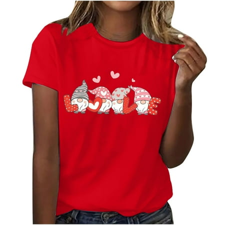

JGGSPWM Gnome Couple Valentines Day Cute Heart Love Holiday Day Pajama T-shirt Short Sleeve Blouse Crewneck Pullover Casual Loose Graphic Tunic Tee Tops Red M