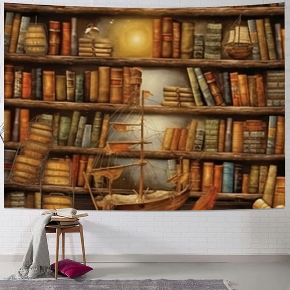 BCIIG Bookshelf Books Boat Tapestry Wall Hanging Unique Style Home Wall Decor Art Living Room Bedroom Apartment Farmhouse Dorm 40x30inch