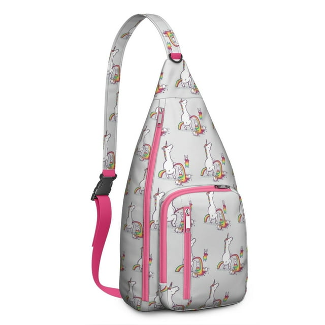 Cute Mythical Horse Sling Backpack - Unicorn Rainbow Print Shoulder Bag (Easy Access Pockets, Comfortable & Waterproof)