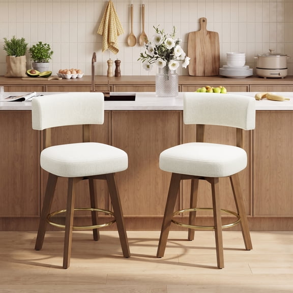 AFO Modern Swivel Bar Stools Set of 2, Upholstered Counter Height Bar Stools with Solid Wood Frame & Gold-Plated Footrest, Mid-Century Bar Chairs with Back for Kitchen Island, White