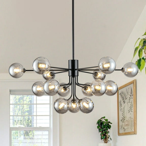 Lzawvm Sputnik Chandelier Modern Large Chandeliers 15-Lights Dining Room Light Fixture for Kitchen Island Living Room Bedroom Black Globe 39 inch