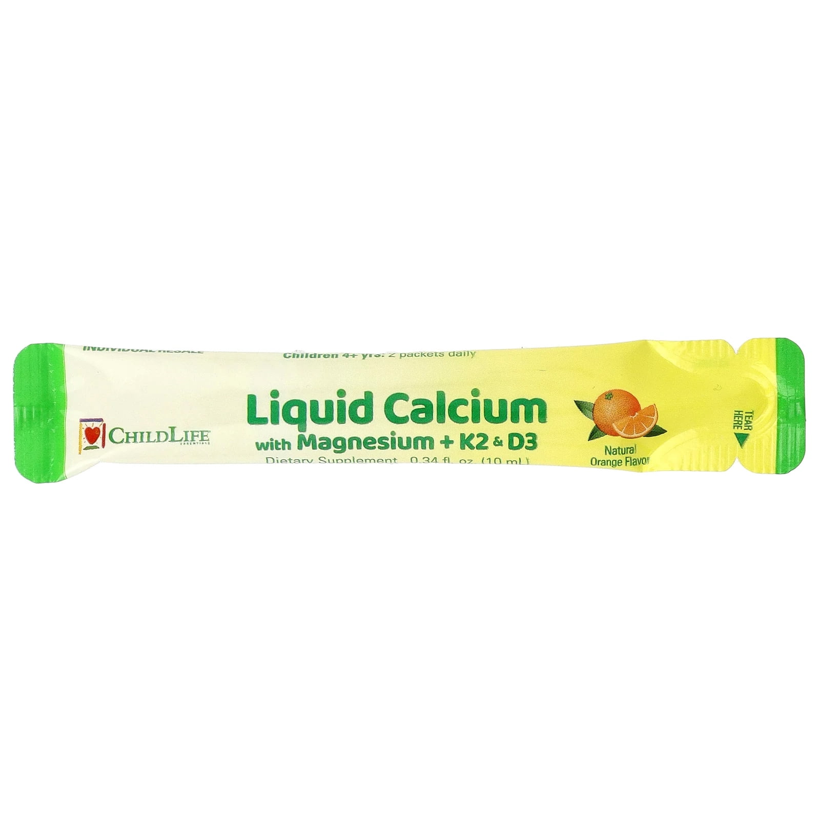 ChildLife Essentials Liquid Calcium with Magnesium Plus K2 & D3, Natural Orange, 30 Packet, 0.34 fl oz (10 ml)