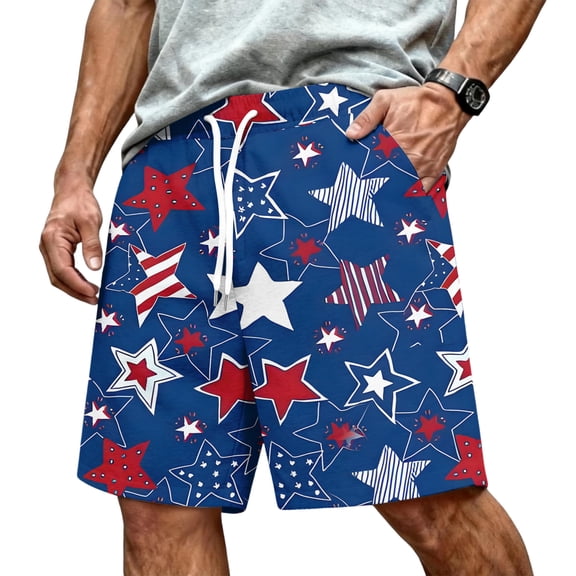 CIENVNSTG Men's Patriotic USA Flag Print Shorts Drawstring Elastic Waist Casual Shorts for Independence Day Party Blue L