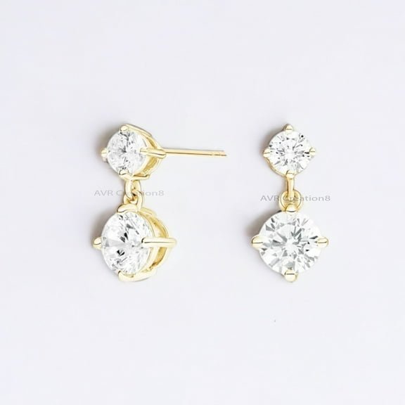 Two Stone Dainty Diamond Stud Earrings, 14K Yellow Gold Plated Minimalist Jewelry Gift for Girlfriend
