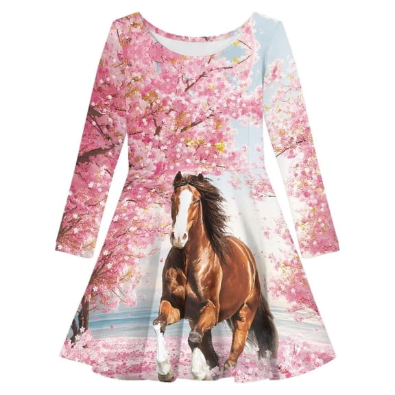 Kiijoy Girls Casual Dress Floral Horse Print Long Sleeve Round Neck Dress, Pink
