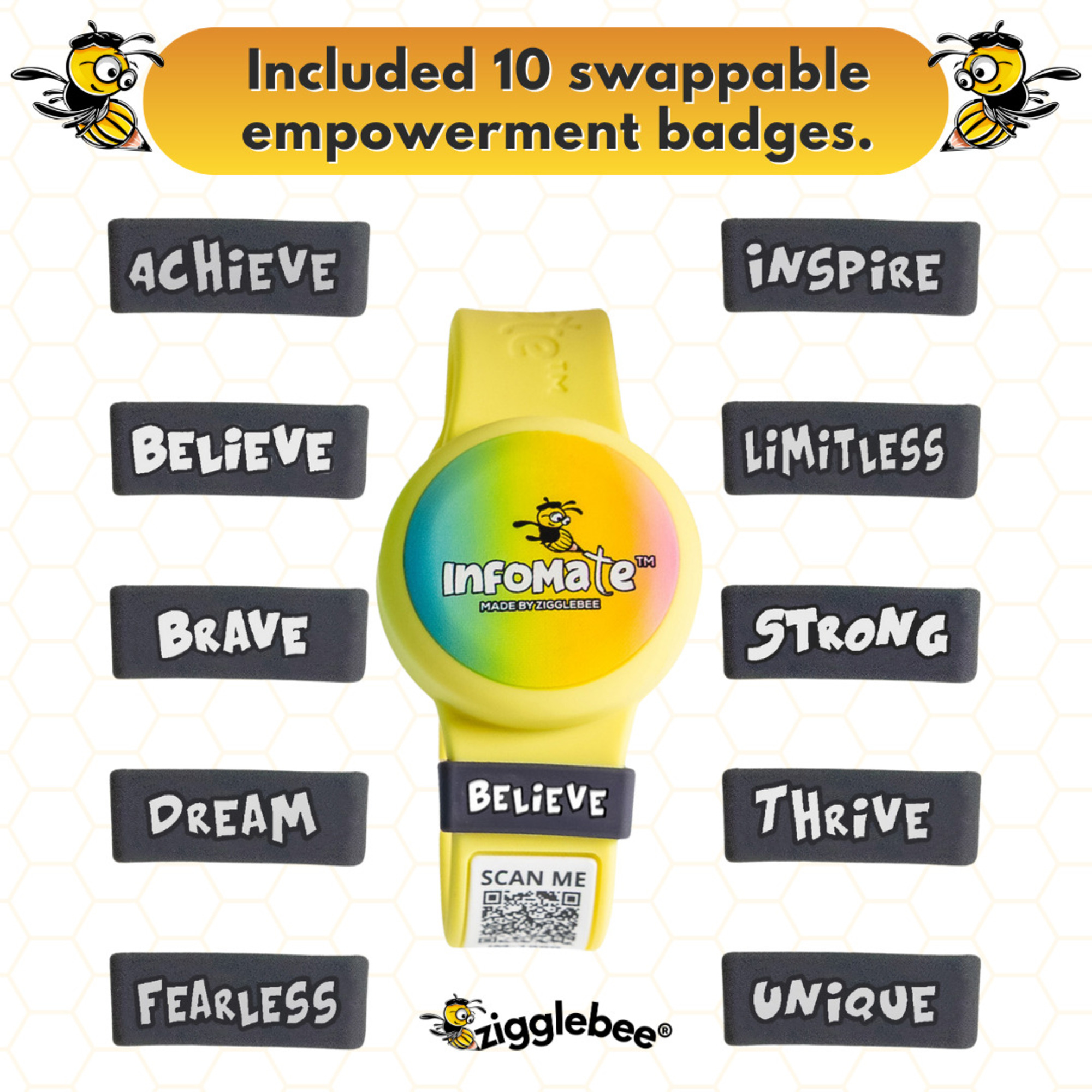 InfoMate by Zigglebee QR Code Medical Bracelet and AirTag Holder Wristband, Canary Yellow, Pin Buckle