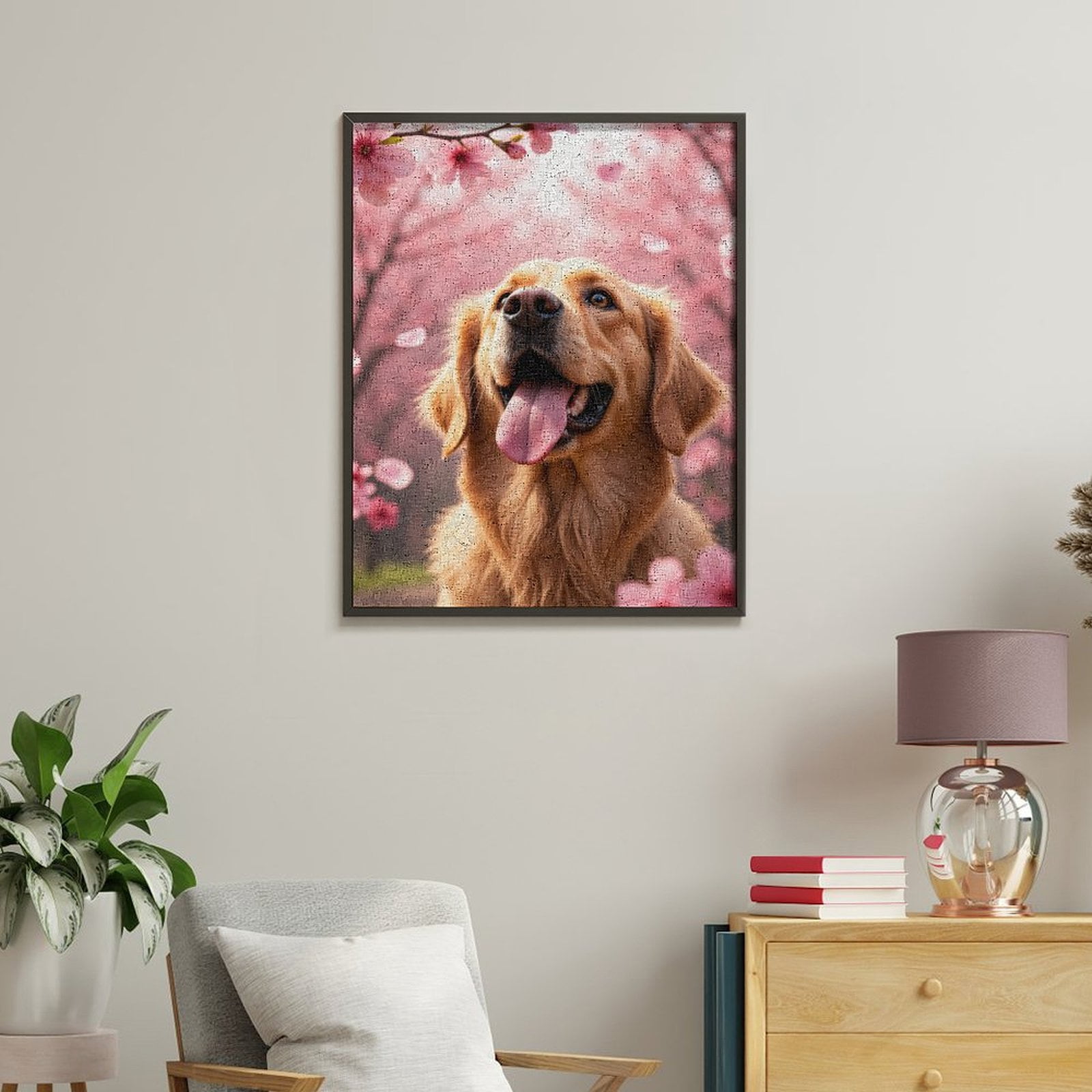 Paint By Numbers Kit for Adults Beginner - DIY Golden Retriever Cherry Blossoms Canvas Painting Kits for Adults, Frameless Paint By Number for Adults for Home Wall Decor 16x20 Inch