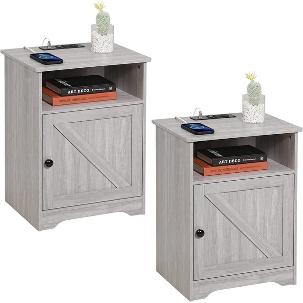 Gray Night Stands Set of 2 with Charging Station, Modern Nightstand End