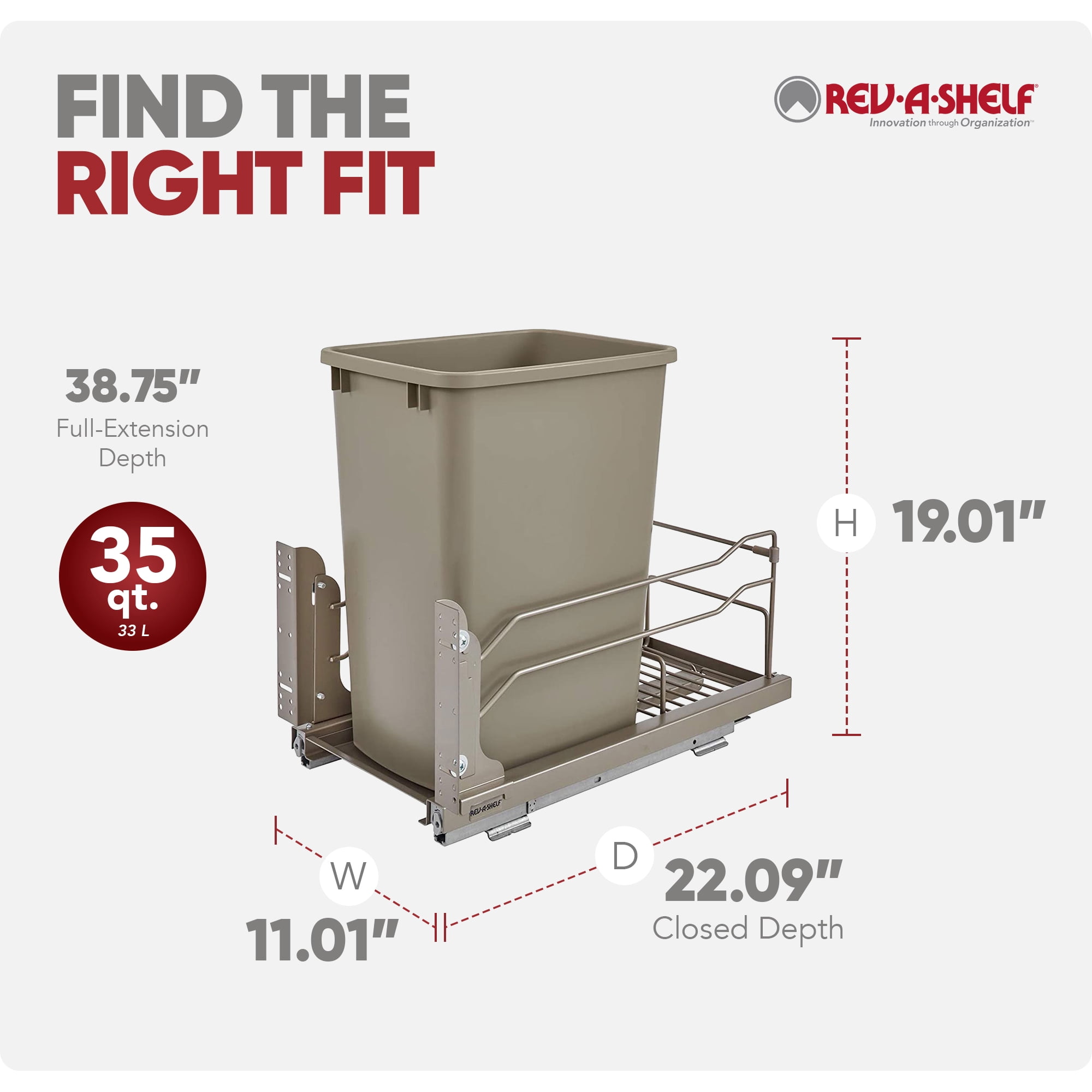 Rev-A-Shelf Pullout Kitchen Trash Can 35 qt. with Soft-close, 53WC-1535SCDM-112