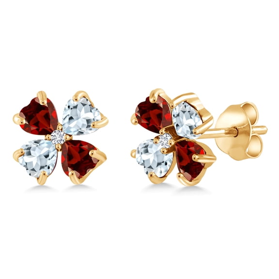 Gem Stone King 18K Yellow Gold Plated Silver Red Garnet Sky Blue Aquamarine and White Lab Grown Diamond Earrings for Women | 2.35 Cttw | Gemstone January Birthstone | Heart Shape 4MM