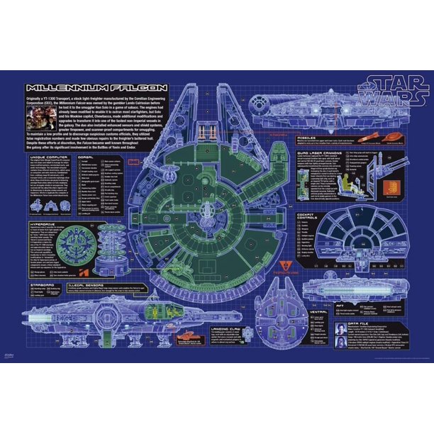 Star Wars - Movie Poster - The Millennium Falcon (Details & Schematics / Blueprint / Cutaway) (Size: 40