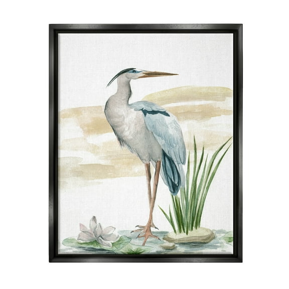 Stupell Industries Heron & Lotus Flower Animals & Insects Painting Black Floater Framed Art Print Wall Art, 17 x 21