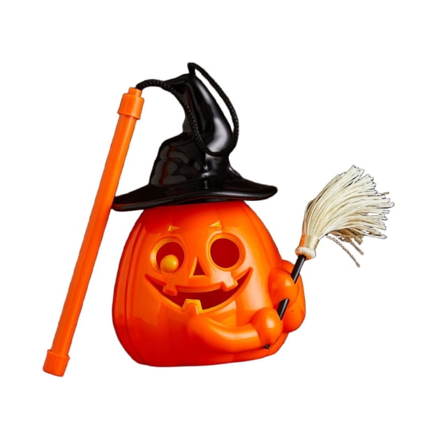 Linterna de calabaza de Halloween, lámpara de escritorio de mano iluminada con forma de calabaza para niños, luz amarilla intermitente para porche, Con escoba