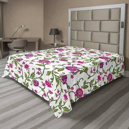 Floral Flat Sheet, Magenta Tones Flower Design with Long Curved Branches and Leaves Art, Soft Comfortable Top Sheet Decorative Bedding 1 Piece, 6 Sizes, Olive Green and Hot Pink, by