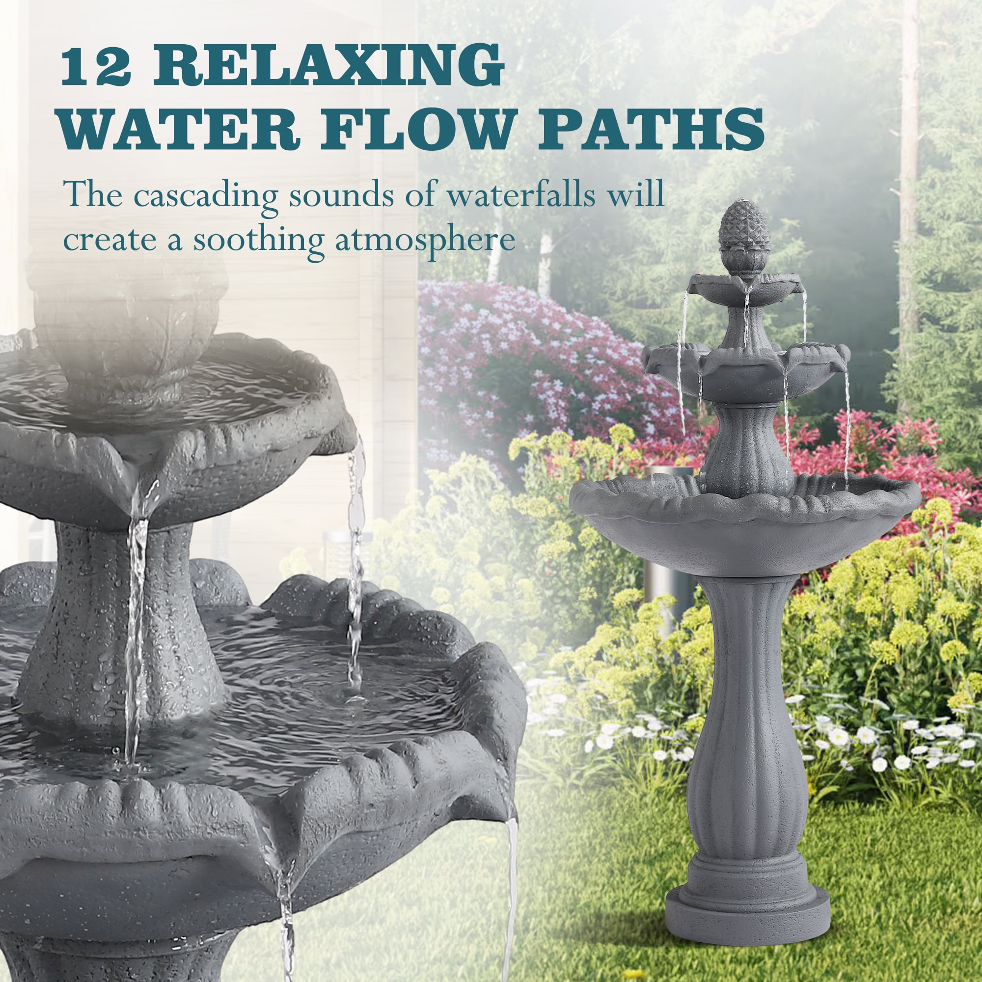 Magic Union Garden Water Fountain Outdoor, 47.3" High Large Roman Italian Indoor Waterfalls, 3-Tier Standing Water Feature Fountains w/Pump & Pineapple Top for Outside Patio, Yard and Lawn