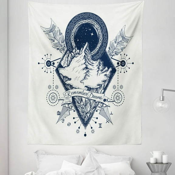 Adventure Tapestry, Mountains in Boho Tattoo Style with Crossed Arrows and Astrological , Fabric Wall Hanging Decor for Bedroom Living Room Dorm, 5 Sizes, Dark Blue White, by Ambesonne