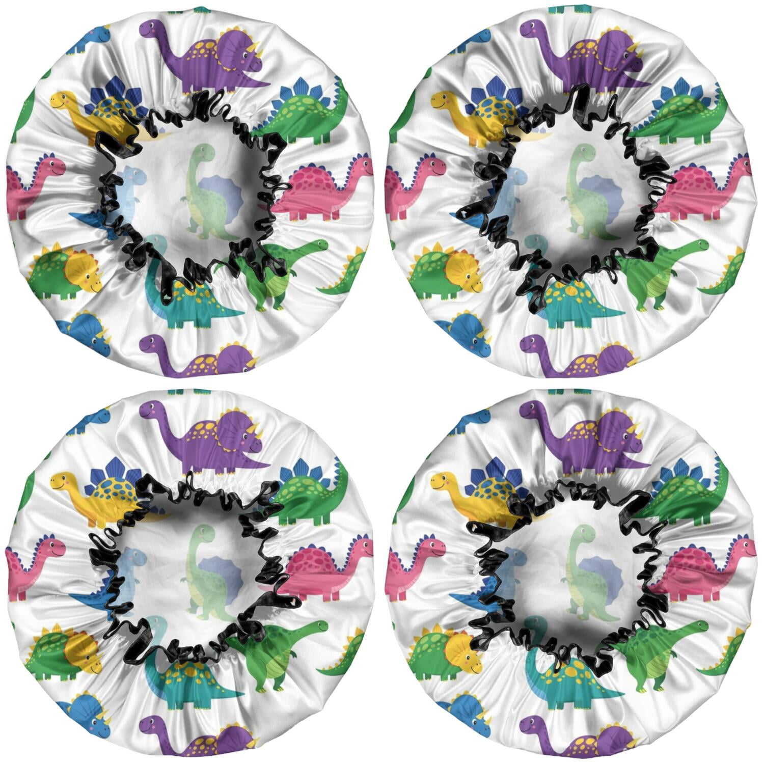 Shower Caps,White Cartoon Dinosaurs Pattern Waterproof Shower Cap for Women 4 Pieces,Double Reusable Hair Cover for Shower PEVA Elastic Stretch Hem