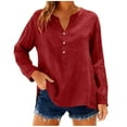 thumbnail image 5 of Lenpel Women's Cotton Linen Tops Trendy Long Sleeve V Neck Quarter Button Side Split Casual T Shirts Loose Tunic Blouses(Wine,Large), 5 of 7