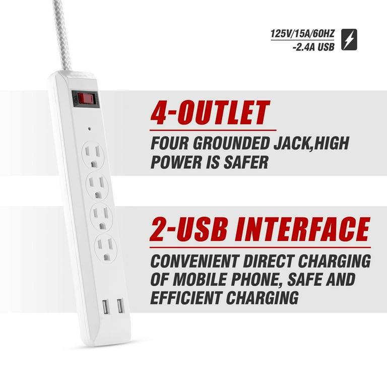 Hyper Tough 4 Outlet 10 ft Braid Cord White Color Surge Protector