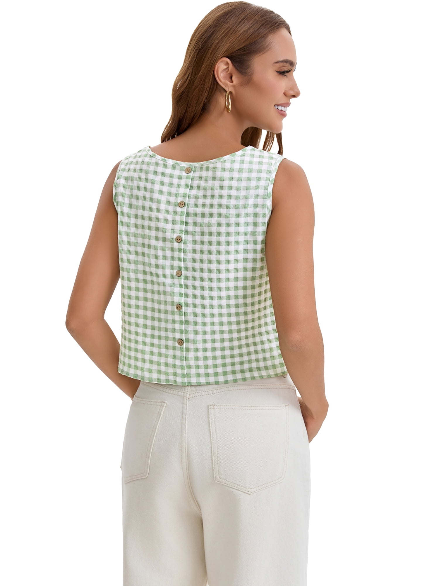 DARING DIVA Women's Gingham Summer Crop Tank Tops Button Back Sleeveless Shirts S Green