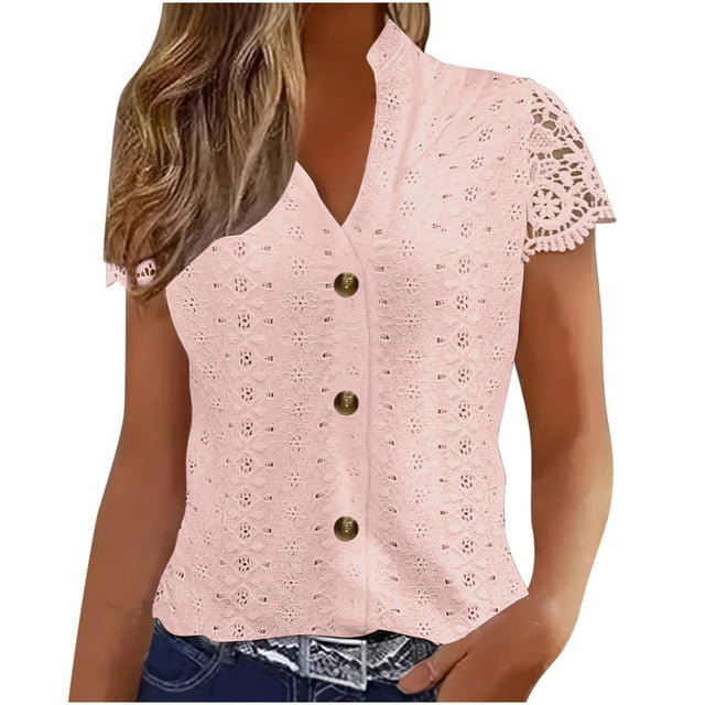 Zpanxa Spring into Summer Top Women's V-Neck Short Sleeve Blouse Hollow Out with Button and Lace Detail Solid Color Chic