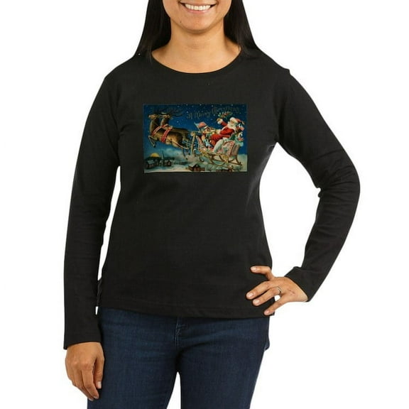 CafePress - Vintage Santa Sleigh Long Sleeve T Shirt - Women's Long Sleeve Graphic Tee Casual Fit