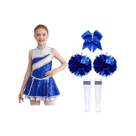 TiaoBug Kids Girls Halloween Cheerleading Costume Sequins Dress with Pom Poms Bow Hair Tie Socks Set A Blue 6