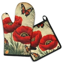 Red Flower Butterflies Kitchen Oven Mitt and Pot Holder Sets 2 Pcs for Baking, Cooking and Grilling, Heat Resistant Up To 392 °F