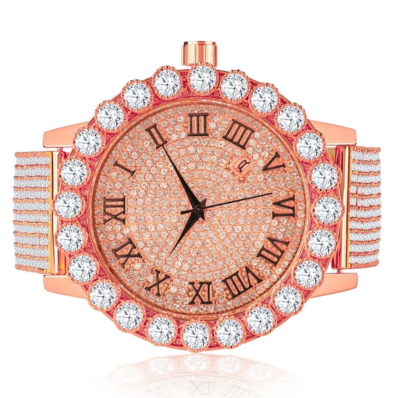 Roman Dial Solitaire Bezel Men's Lab Diamond 18K Rose Gold Finish Stainless Steel Back 10 Row Iced Out Band Custom Khronos Watch W/Date