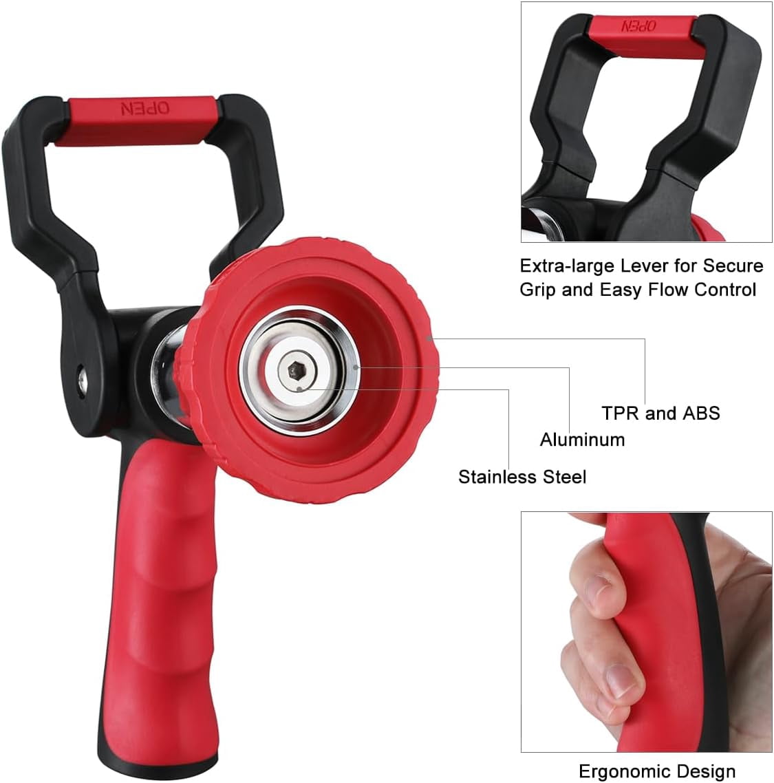 FANHAO Heavy Duty Metal Garden Hose Nozzle, High Pressure Fireman's Spray with Lever Handle & Ergonomic Grip, for Watering Lawn