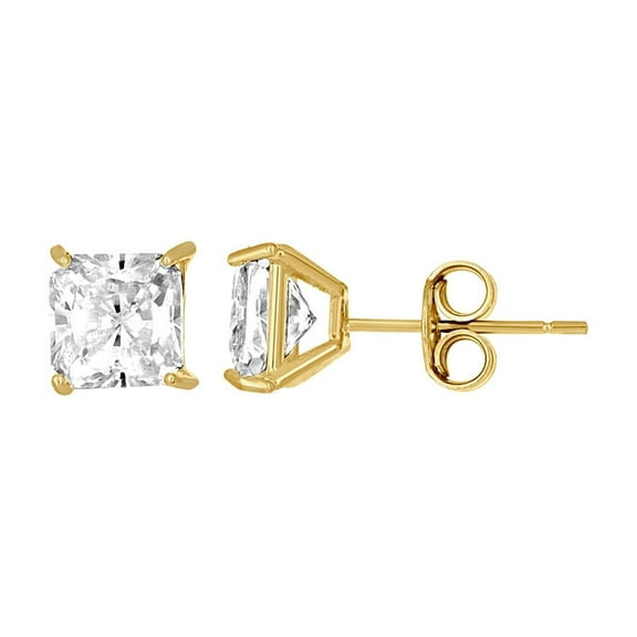 10k Yellow Gold Unisex Princess Cut Cubic Zirconia Square Stud Earrings 6.5x6.5mm Wide Stud Earring for Women