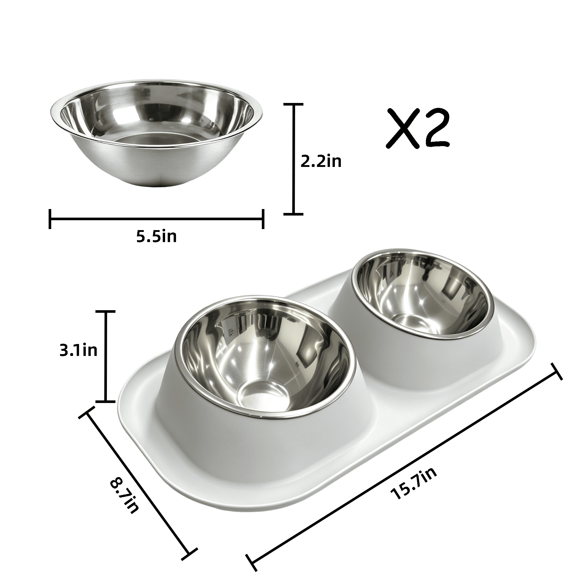 GARITIN Pet Bowls, Double Cat Dog Bowls with Spill Proof Tray, Detachable Stainless Steel Raised Pet Food Water Bowl for Small Pets