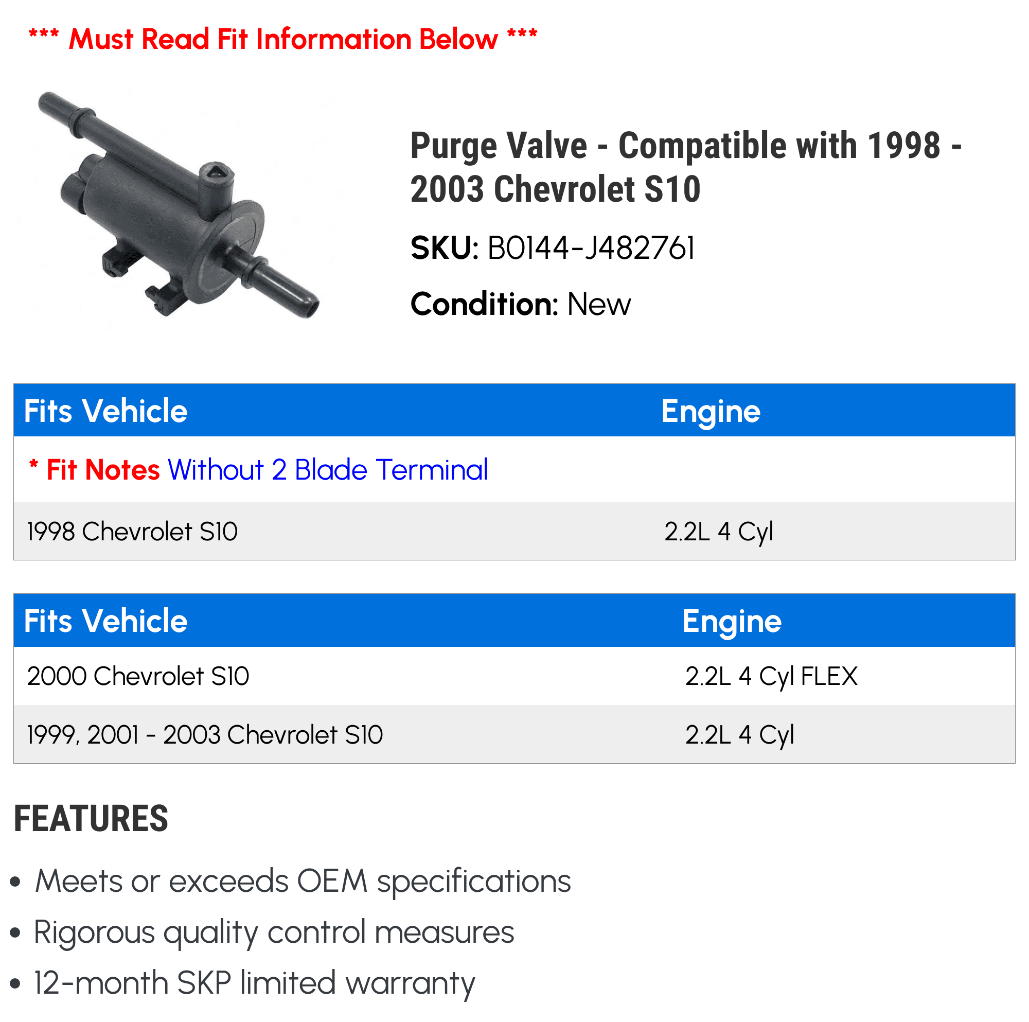 Purge Valve - Compatible with 1998 - 2003 Chevy S10 1999 2000 2001 2002