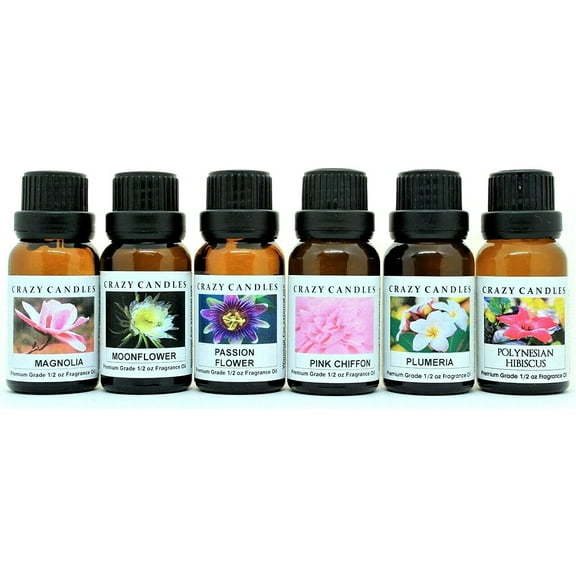 Crazy Candles 6 Bottle Set: Magnolia, Moonflower, Passion Flower, Pink Chiffon, Plumeria, Polynesian Hibiscus 1/2 FL Oz Each (15ml) Premium Grade Scented Fragrance Oil