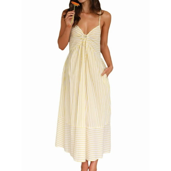 Women'S Summer V-Neck Maxi Dress Striped Holiday Bohemian Beach Spaghetti Strap Sundress Back Tie Light Yellow XL