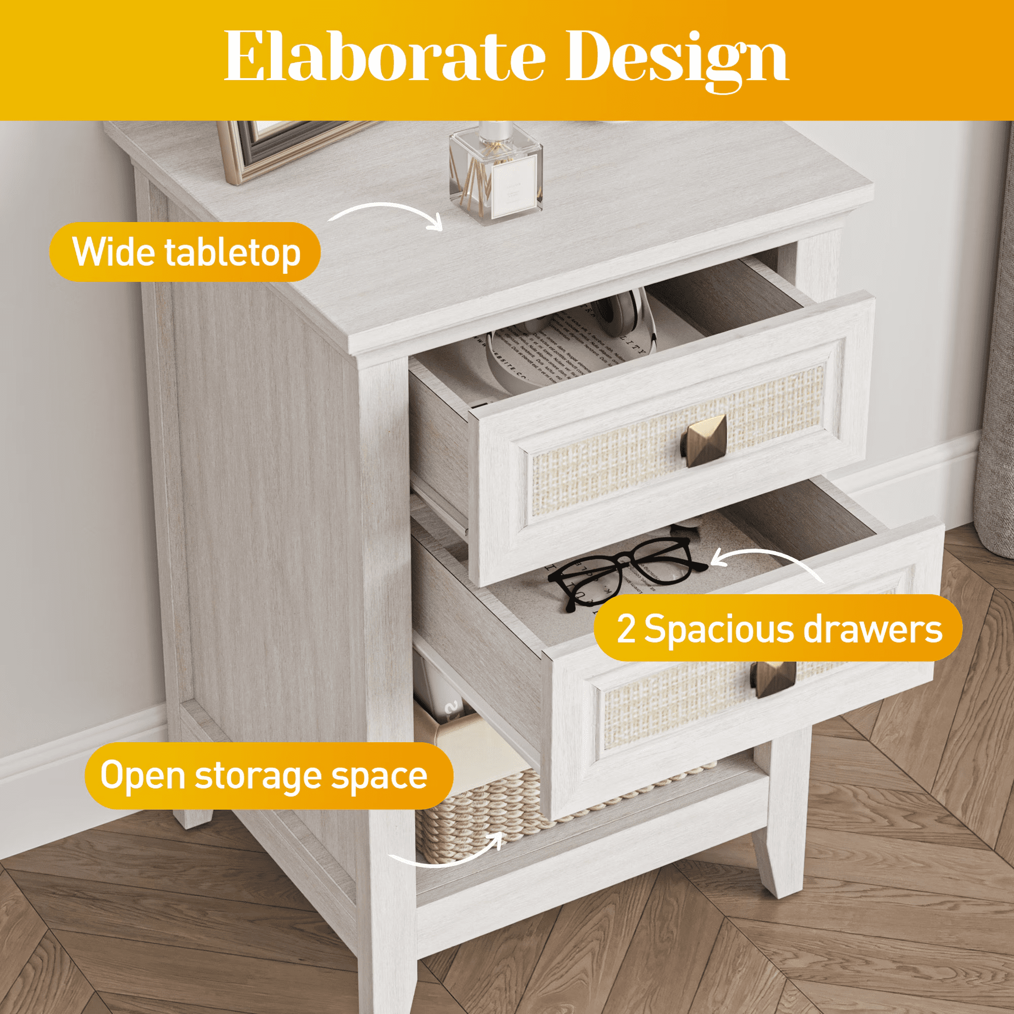 Mintazer Farmhouse Rattan Nightstand Set of 2, Bedside Table with 2 Drawer & Open Storage Compartment, Accent End Table for Bedroom & Living Room, White