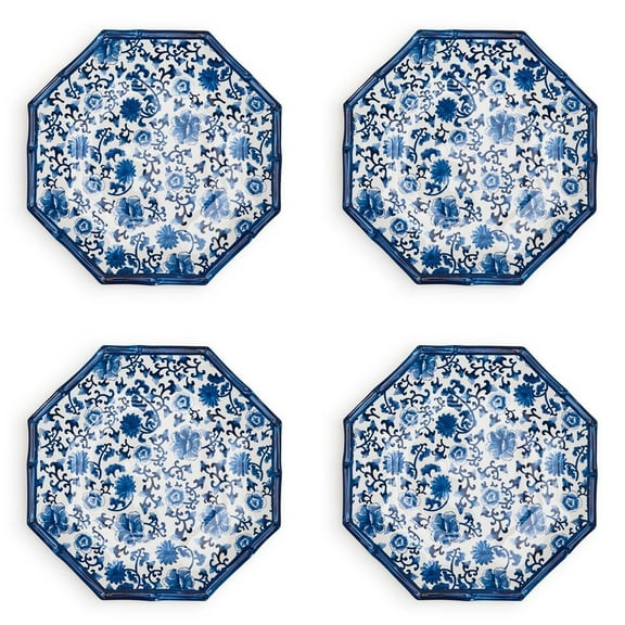 Two's Company Set Of 4 Chinoiserie Touch Octagonal Dinner Plate With Bamboo Rim.